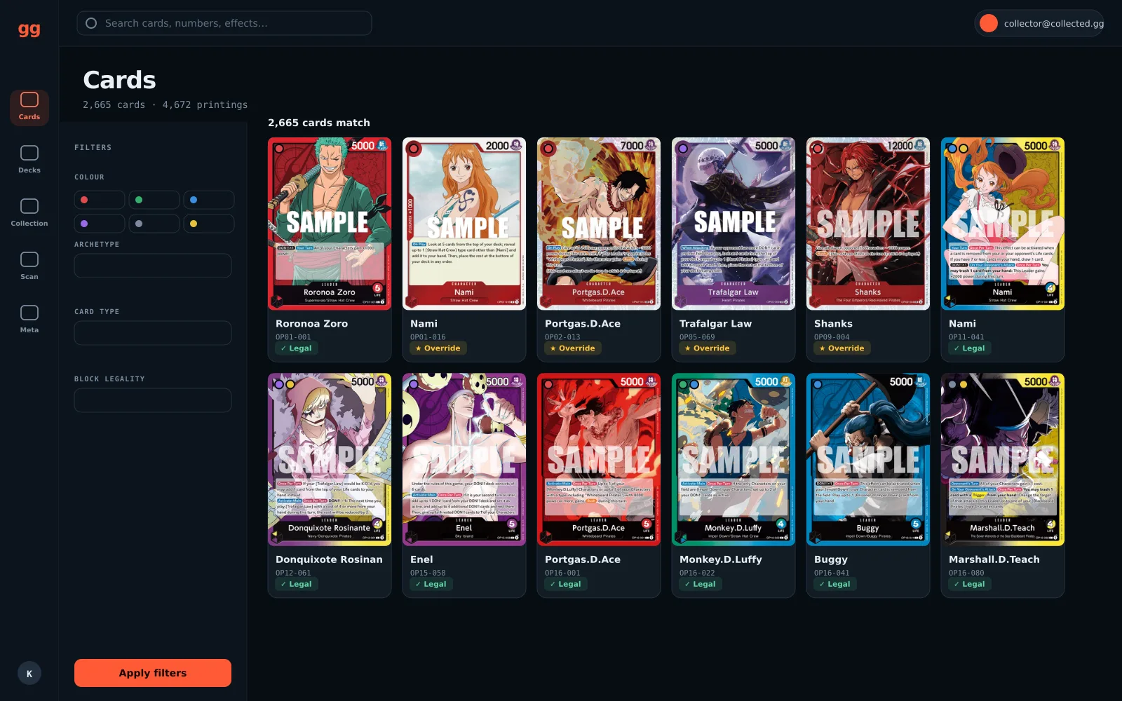 Card database screen