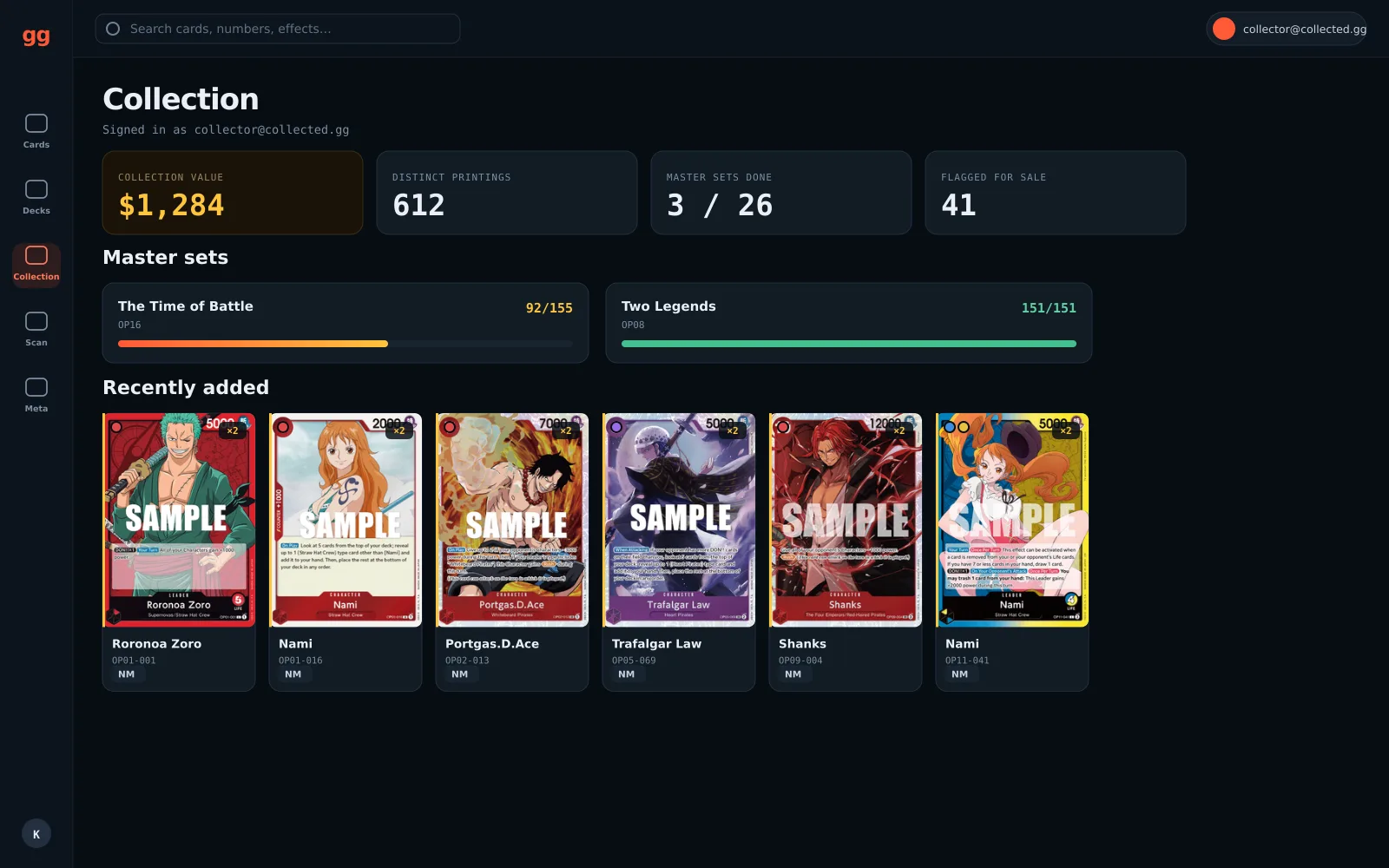 Collection tracking screen